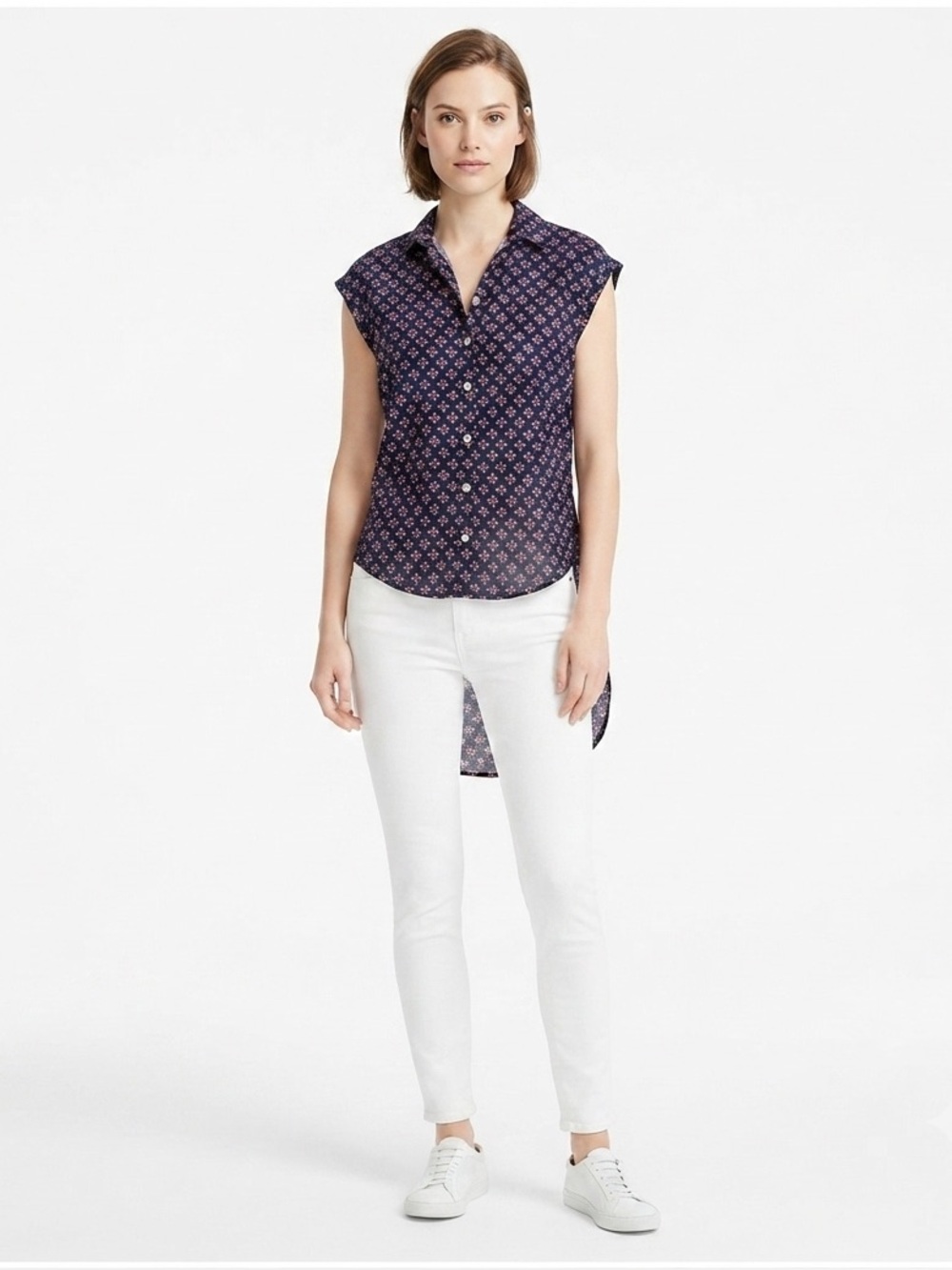 Jachs Women's High/Low Button Down Shirt - Navy and Pink Floral